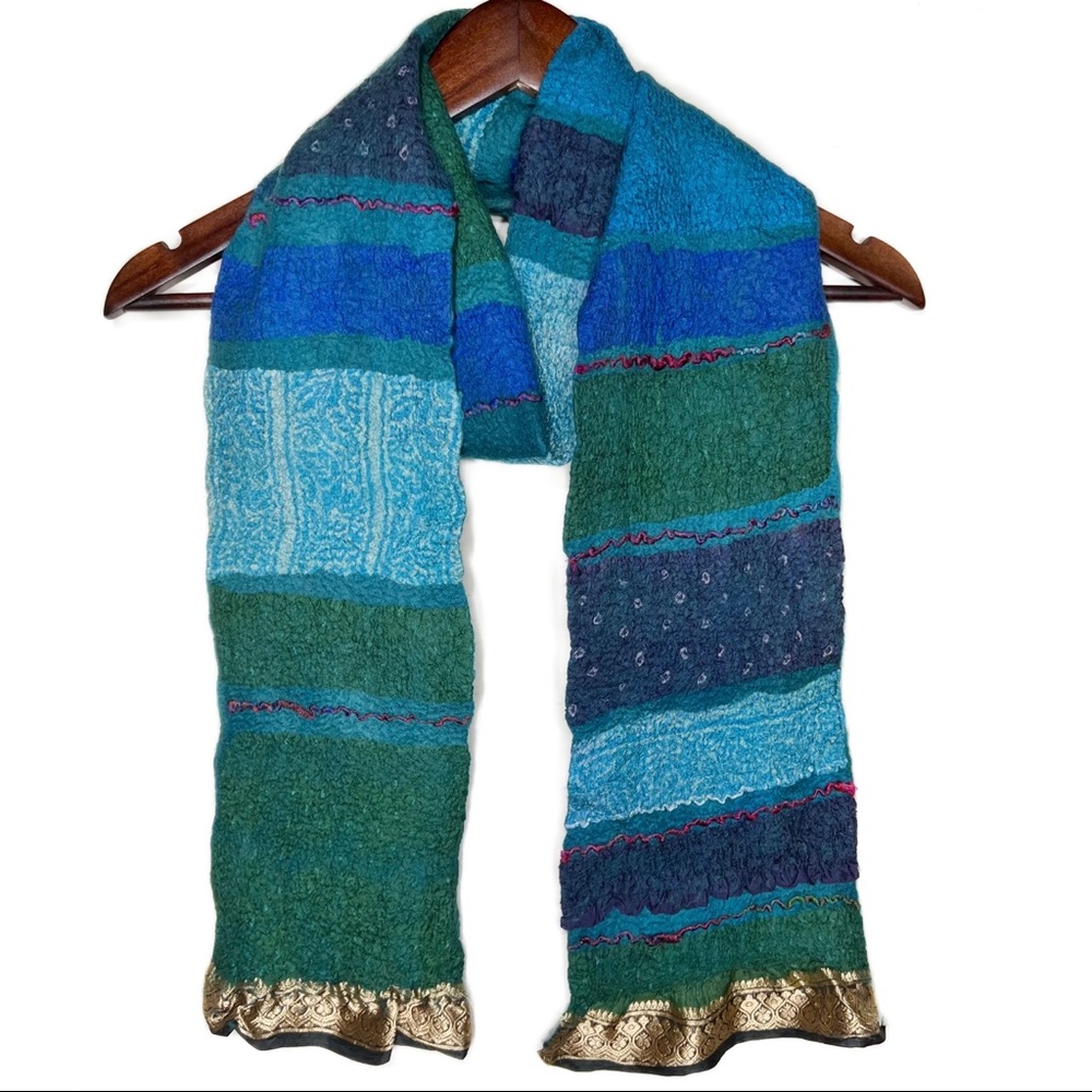 Handcrafted Wool & Silk Mixed Media Green Teal & Blue Striped Colorblock Scarf